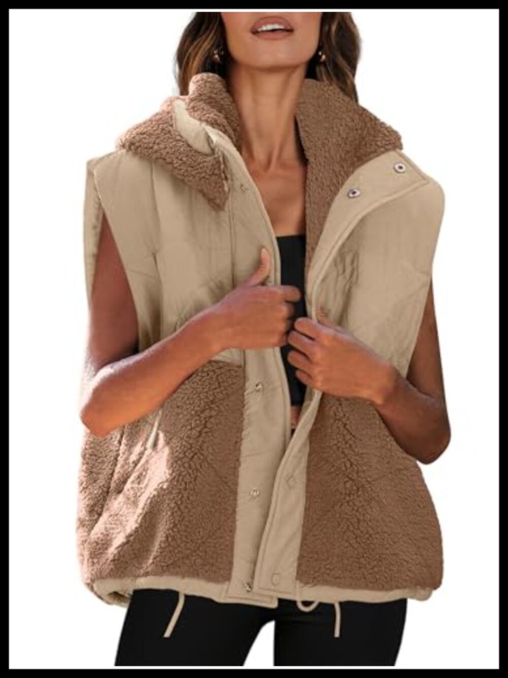 Sherpa Fleece Vest Oversized Quilted Hooded Puffer Zip Pockets